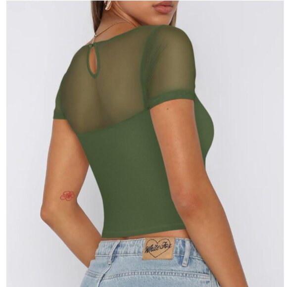 ReoRia Olive Green Sexy Crew Neck Short Sleeve Sheer Mesh Crop Top Size Medium - Picture 2 of 10